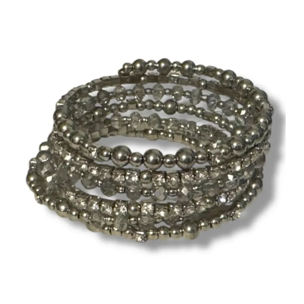 Vintage Y2K Womens Chunky Silver Beaded Rhinestone Slinky Wrap Bracelet Glam 90s